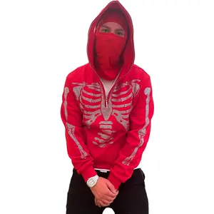 Red Skeleton Rhinestone Half Zip Hoodies Fits true size 100% Cotton Made by Antom Enterprises