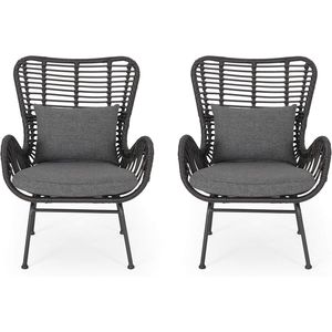 Gray and Dark Gray Set of 2 Outdoor Wicker <b>Club</b> <b>Chairs</b> with Cushions - Product Image 1