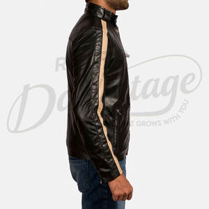 Veste en cuir véritable noire pour homme avec bandes de course beiges, veste de motard élégante, coupe ajustée, manteau d'hiver sportif en cuir véritable - Product Image 2