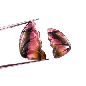 Sarim International Carved <b>Rainbow</b> Watermelon Tourmaline Butterfly Wings, Natural Gemstone Pair 16x27mm (33 Carat)l - Product Image 1