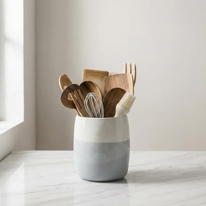 Porte-ustensiles contemporain en céramique grès, finition lisse, glaçure bicolore, haute résistance, résistant à la chaleur, organisateur de cuisine - Product Image 3