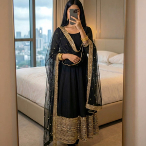 Ensemble Kurti en Faux Georgette Lourd à Imprimé Numérique et Bas en Soie Beurre, avec Broderie Fantaisie Faite Main, Tenue Ethnique Complète pour Fêtes de Diwali - Product Image 1