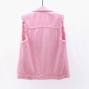 Chaleco vaquero rosa para mujer, informal, corto, sin mangas, con botones frontales, de algodón desgastado, color liso, estilo primavera - Product Image 5