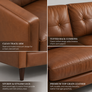 Retro Genuine Leather Loveseat Caramel <b>Small</b> Scale <b>Sofa</b> with Clean Lines for Modern Boho & Transitional Spaces - Product Image 3
