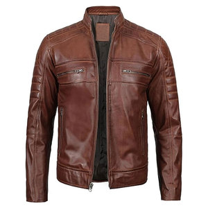 Blouson en cuir marron pour homme, style motard, café racer, avec motif, coupe ajustée, vêtement d'extérieur pour moto - Product Image 6