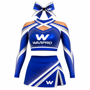 WARPRO Cheerleading Uniform Set Blue Silver <b>Rhinestone</b> Sublimation Print Long Sleeve <b>Crop</b> <b>Top</b> Skirt Adult Women - Product Image 2