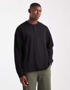 <b>Men's</b> Black <b>Long</b> <b>Sleeve</b> <b>Henley</b> Knit Pullover Regular Fit Casual Button Up Collar 100% Cotton Breathable Autumn Wear - Product Image 1