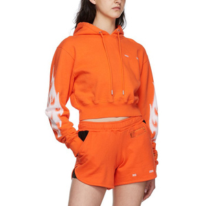 Ensemble short et sweat à capuche en polaire orange pour femme, manches longues, imprimé streetwear, printemps-été, deux pièces, crop top avec poche - Product Image 3