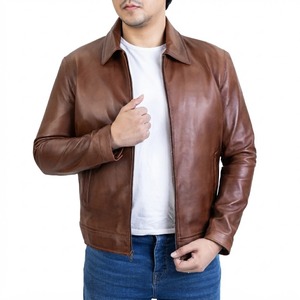 Blouson en cuir véritable et toile marron pour homme, style motard, col rabattu, fermeture éclair, coupe classique, pour l'automne - Product Image 1