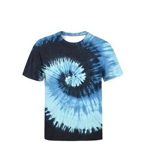 Camiseta de Manga Corta con Cuello Redondo y Estampado Tie-Dye para Hombre y Mujer, Informal, Tejida, 100% Algodón, Transpirable, Corte Regular, Diseño Azul Estampado - Product Image 3