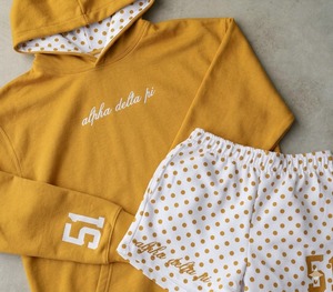 100% Cotton Alpha Delta Pi Women's <b>2</b>-<b>Piece</b> <b>Set</b> Hoodie Shorts Gold <b>White</b> Polka Dot Embroidered Casual Regular Fit Long Sleeve - Product Image 5