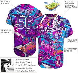 Maillot de baseball personnalisé sublimé unisexe à manches courtes, imprimé graffiti violet rose, respirant en polyester, pour adulte, toutes saisons, avec nom d'équipe - Product Image 2