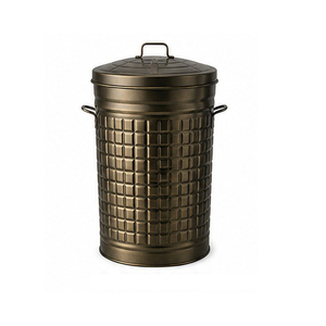 Cubo de Almacenamiento Cilíndrico de Metal con Acabado Antiguo y Tapa, Patrón Geométrico, Contenedor Doméstico para Interiores, Estilo Clásico - Product Image 6