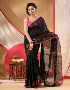 Sari Tradicional de Algodón Negro Tejido a Mano para Mujer KV con Diseño Pintado a Mano, para Fiestas, Sin Arrugas y Reversible, Blusa Sin Coser - Product Image 5