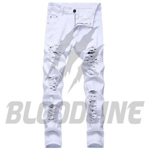 Jean en denim de coton blanc coupe slim droite pour homme Bloodline, style décontracté mi-saison - Product Image 2