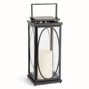 Lanterne carrée en verre et métal noir de qualité supérieure avec panneaux en verre et design ovale pour la décoration de la maison, du salon, du jardin et des patios, durable - Product Image 1