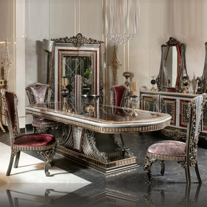 Ensemble de table à manger de style européen classique de luxe en acajou massif, buffet d'appoint argenté, noir et rouge, meubles de salle à manger - Product Image 1