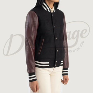 Women Varsity Letterman <b>Jacket</b> Black Wool Body with Brown Real <b>Leather</b> Sleeves Slim Fit Premium Classic Baseball Casual College - Product Image 4