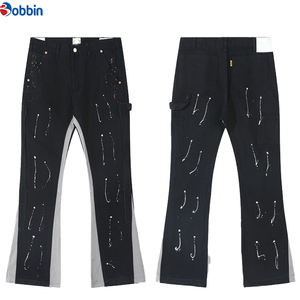 Pantalones Cargo Vaqueros Acampanados Oversize Personalizados de Mezclilla Lavada a la Piedra, Talla Grande, Negros Lisos con Raya Lateral, Ajuste Holgado Casual - Product Image 2