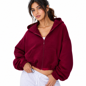 Women's Oversized Hooded <b>Zip</b>-<b>Up</b> <b>Cropped</b> Sweatshirt Solid Color Fleece Drop-Shoulder Full Sleeve Autumn Wear - Product Image 1