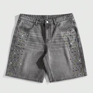 Shorts en jean épais personnalisés pour hommes, style streetwear, avec strass et cristaux, vintage, 100 % coton, service OEM, tissés, taille moyenne - Product Image 2