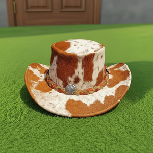 Chapeau de cowboy en similicuir de vachette avec bande tressée, unisexe, marron et blanc, style western, pour festivals et rodeos - Product Image 4