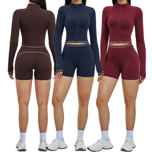 Ensemble de yoga uni pour femme, short taille haute, crop top à manches longues avec fermeture éclair sur le devant, sans couture, 2 pièces, tenue d'entraînement en Spandex et Polyester - Product Image 1