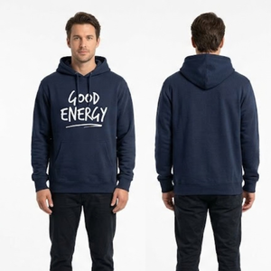 Sweat-shirt à capuche décontracté pour homme bleu marine personnalisé en gros avec impression graphique « Good Energy » - Product Image 3