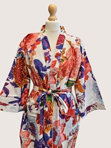 Bata Larga Estampada Floral para Mujer, Manga Tres Cuartos, Cuello en V, 100% Poliéster, Suave, Informal, para Verano, con Cierre de Cordón - Product Image 3
