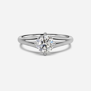 Anillo de compromiso de oro blanco de 14 quilates con diamante cultivado en laboratorio de corte brillante redondo de 3.20 quilates, montura solitaria de cuatro puntas y banda lisa cónica. - Product Image 2
