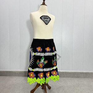 Jupe noire brodée florale traditionnelle en gros pour femme, taille élastique, style bohème, robe midi d'été, motif ethnique feuille, jupes décontractées - Product Image 3