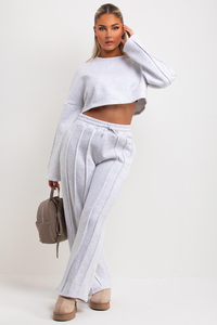 Conjunto Deportivo de 2 Piezas para Mujer, Color Gris, Top Corto con Pantalones Largos, Corte Holgado Informal, Color Sólido, Cintura con Cordón, Bolsillos Laterales - Product Image 6