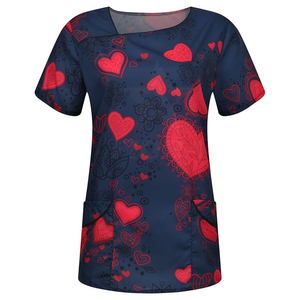 Custom Women’s Red Heart Print Medical Scrubs Top V-Neck Short Sleeve <b>Nurse</b> Uniform with Pockets Hospital - Product Image 2
