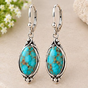 Muhave Turquoise <b>Silver</b> <b>Dangle</b> <b>Earrings</b>, 925 Sterling <b>Silver</b> Turquoise <b>Earrings</b>, Oval Blue Gemstone Drop <b>Earrings</b>, Boho Southwes - Product Image 3