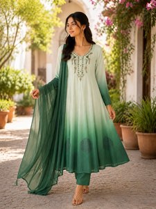 Ensemble Anarkali vert ombré tendance en mousseline avec pantalon évasé, broderie au col, tenue ethnique indienne, Salwar K pakistanaise - Product Image 4