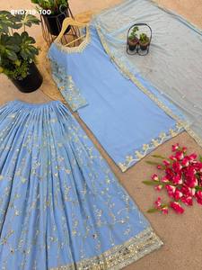 Nouvelle variété de tenues de fête en faux georgette avec broderie et travail de sequins, ensemble sharara-top et dupatta, fournisseur de vêtements ethniques de Surat. - Product Image 6