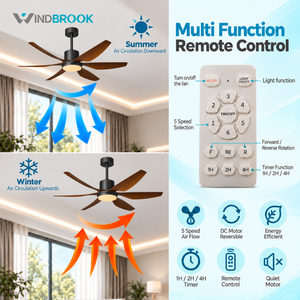 WINDBROOK Ventilador de techo de 56 pulgadas con luz, 5 aspas de madera, motor de corriente continua, reversible - Product Image 2