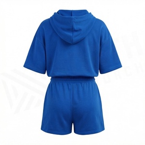 Conjunto de 2 Piezas para Mujer, Sudadera con Capucha y Pantalones Cortos, Azul Sólido, Manga Corta, Felpa, Casual, Holgado, Por Encima de la Rodilla, Transpirable, Uso Diario - Product Image 2
