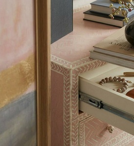 Commode traditionnelle en bois massif avec incrustations en os, meuble de rangement à motifs roses pour salon - Product Image 5