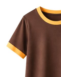 Brown Women Lounge Set Contrast <b>Trim</b> Short Sleeve T Shirt And Shorts Summer Two Piece Outfit Soft Breathable Cotton Blend Set - Product Image 2