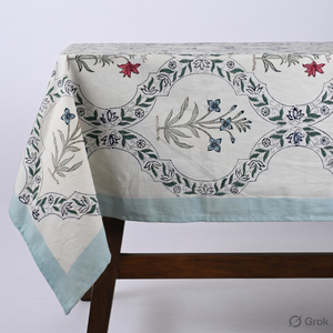 Hand Block Printed Cotton Canvas <b>Tablecloth</b>, Floral Dining Table Cloth - Product Image 2