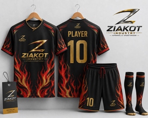 ขายส่งโดยตรงจาก ZIAKOT INDUSTRY ชุดฟุตบอลแบบ sublimated สีดำแดงทองลายเปลวไฟ ขายดีที่สุด รับผลิตตามแบบ - Product Image 1