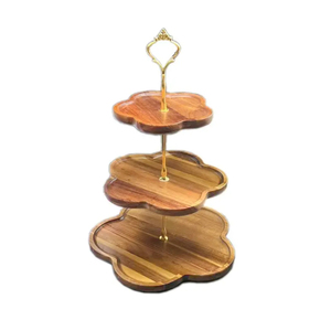 Luxury 2-<b>Tier</b> Wooden <b>Cake</b> Stand With Gold Leaf Handle And Branch Base Modern Acacia Wood Dessert Display For Hotel Party Decor - Product Image 4