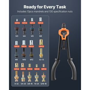 Kit di Utensili per Rivetti da 17 Pollici con 13 Mandrini e 130 Dadi, Misure Metriche e SAE M3 M4 M5 M6 M8 M10 M12 per Rivettatrici Pneumatiche - Product Image 2