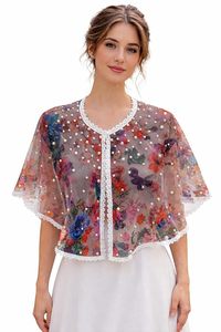 Cape transparente pour femme ornée de fleurs, bordure en dentelle perlée, imprimé multicolore, manches papillon - Product Image 1