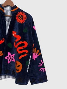 Veste en velours brodée à la main avec des motifs floraux, manches longues, col mandarin, taille plus, vêtements de printemps pour femmes - Product Image 4