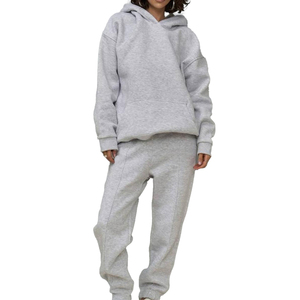 Conjunto Deportivo de 2 Piezas para Mujer, con Capucha, Color Marrón Sólido, Hombros Caídos, 100% Algodón, de Alta Calidad - Product Image 1