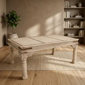 Mesa de Centro de Madera Tallada a Mano Estilo Rústico, Muebles de Salón Estilo Granja Antigua con Detalles Metálicos - Product Image 5