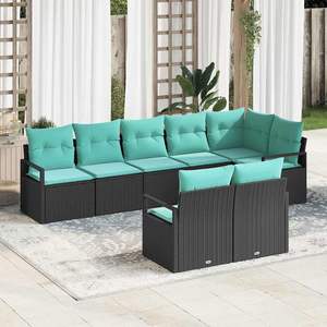 Poly <b>Rattan</b> Garden <b>Sofa</b> Set Black And Turquoise 8 Piece Outdoor Furniture With High Density Foam Cushions Waterproof - Product Image 1