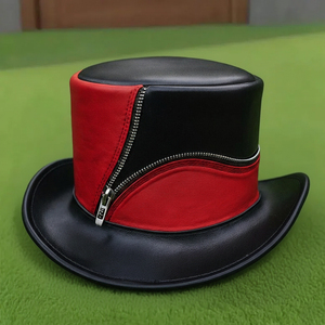 Premium quality custom made Handmade Black & Red Leather top <b>Hat</b> <b>Steampunk</b> with Brass Zipper - Product Image 3